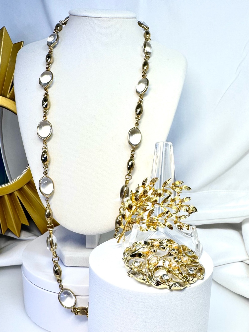 Clear Beaded Necklace Goldtone - Sarah Coventry Brooch and Golden Leaf Brooch